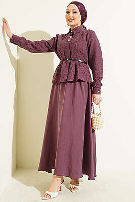 Kendinden Desenli Kemerli Tensel Etekli Takım Mürdüm - İkili Takım