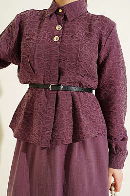 Kendinden Desenli Kemerli Tensel Etekli Takım Mürdüm - İkili Takım