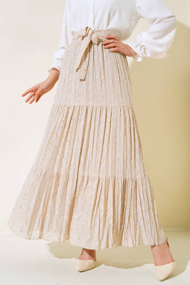 Kendinden Desenli Kuşaklı Etek Bej - Etek