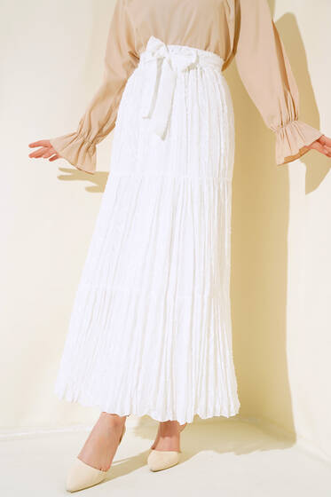 Kendinden Desenli Kuşaklı Etek Ekru - Etek