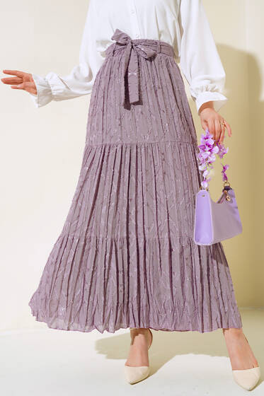 Kendinden Desenli Kuşaklı Etek Lila - Etek