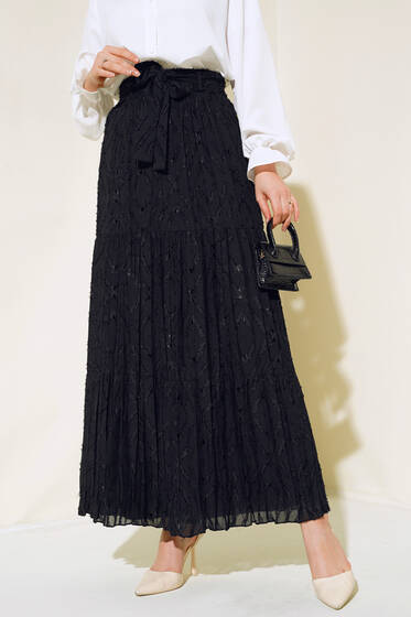 Kendinden Desenli Kuşaklı Etek Siyah - Etek