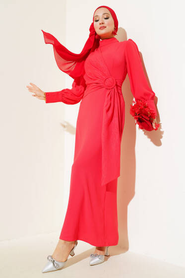 Kendinden Desenli Parça Detaylı Elbise Alizarin - Elbise