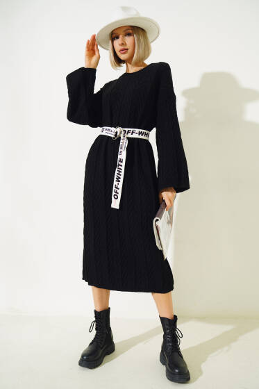 Kendinden Desenli Triko Elbise Siyah - Yeni Giyim