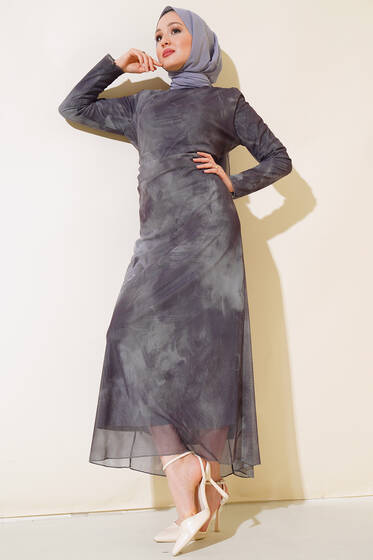 Kendinden Desenli Tül Elbise Gri - Tesettür Elbise