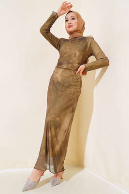 Kendinden Desenli Tül Elbise Vizon 