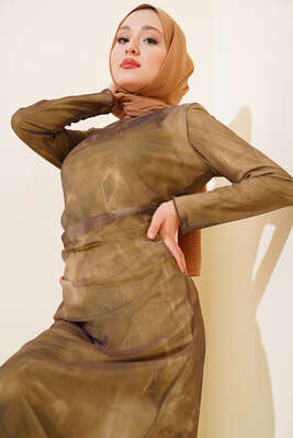 Kendinden Desenli Tül Elbise Vizon - Tesettür Elbise