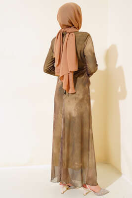 Kendinden Desenli Tül Elbise Vizon - Tesettür Elbise