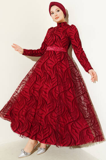Kendinden Desenli Tül Kuşak Abiye Elbise Bordo - Elbise