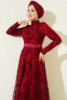 Kendinden Desenli Tül Kuşak Abiye Elbise Bordo - Elbise