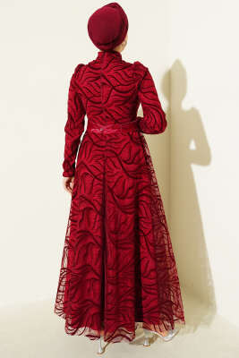 Kendinden Desenli Tül Kuşak Abiye Elbise Bordo - Elbise