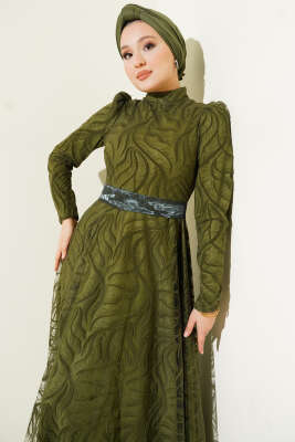 Kendinden Desenli Tül Kuşak Abiye Elbise Haki - Elbise