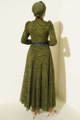 Kendinden Desenli Tül Kuşak Abiye Elbise Haki - Elbise