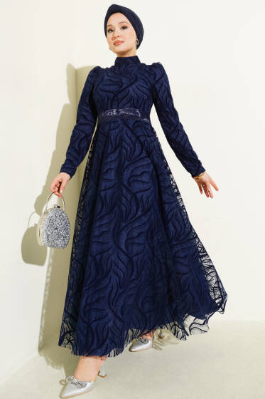 Kendinden Desenli Tül Kuşak Abiye Elbise Lacivert - Elbise