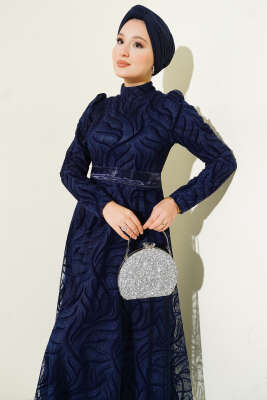 Kendinden Desenli Tül Kuşak Abiye Elbise Lacivert - Elbise