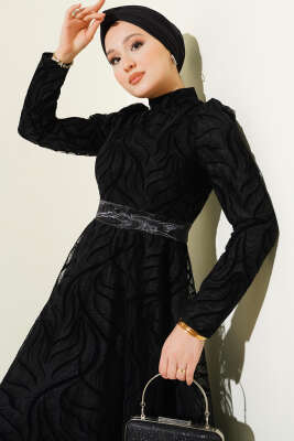 Kendinden Desenli Tül Kuşak Abiye Elbise Siyah - Elbise