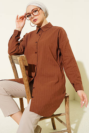 Kendinden Dik Çizgili Gömlek Kahve - Gömlek