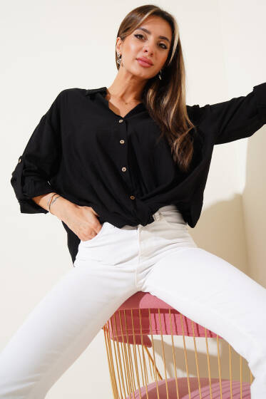 Kendinden Düğümlü Gömlek Siyah - Kadın Giyim Modelleri