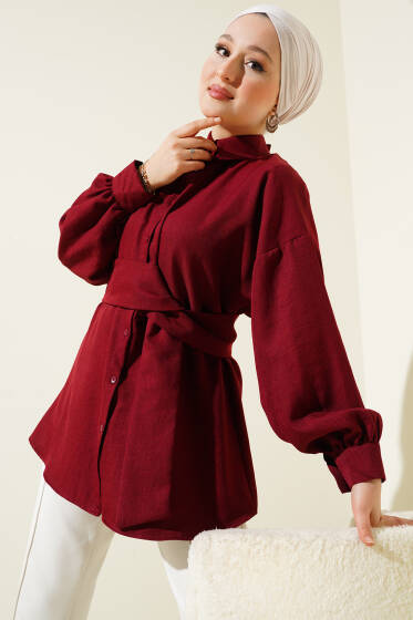 Kendinden Geniş Kuşaklı Gömlek Bordo - Gömlek