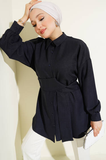 Kendinden Geniş Kuşaklı Gömlek Lacivert - Gömlek