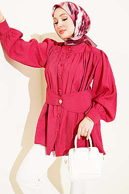 Kendinden Kemer Detaylı Gömlek Bordo - TABLO FASHİON