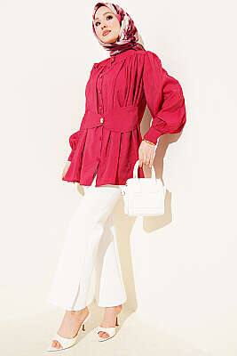 Kendinden Kemer Detaylı Gömlek Bordo - Gömlek