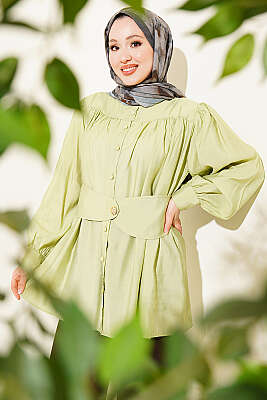 Kendinden Kemer Detaylı Gömlek Çağla Yeşili - TABLO FASHİON