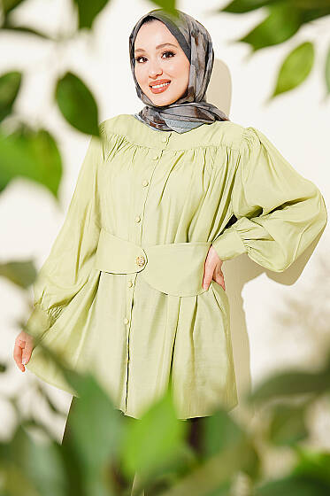 Kendinden Kemer Detaylı Gömlek Çağla Yeşili - Gömlek