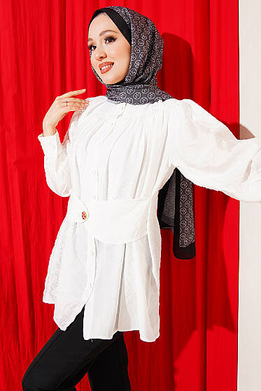 Kendinden Kemer Detaylı Gömlek Ekru - Gömlek