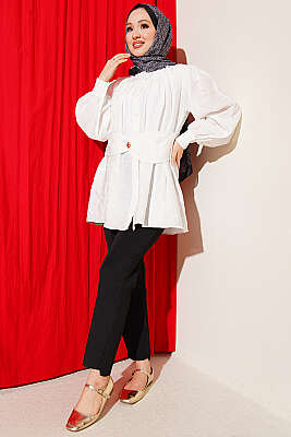 Kendinden Kemer Detaylı Gömlek Ekru - Gömlek