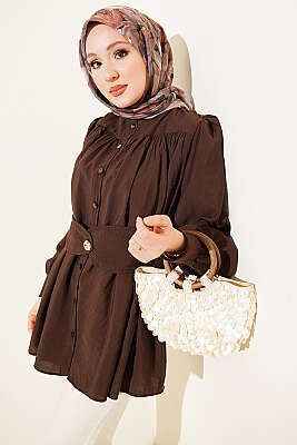 Kendinden Kemer Detaylı Gömlek Kahve - TABLO FASHİON