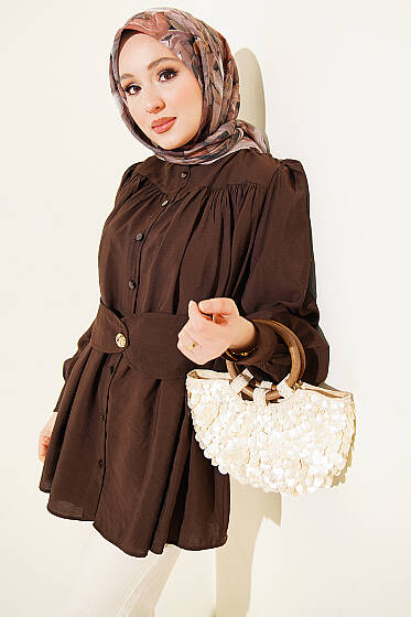 Kendinden Kemer Detaylı Gömlek Kahve - Gömlek