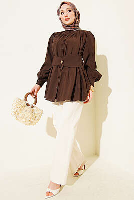 Kendinden Kemer Detaylı Gömlek Kahve - Gömlek