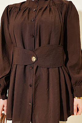 Kendinden Kemer Detaylı Gömlek Kahve - Gömlek