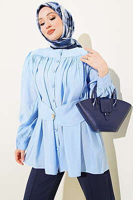 Kendinden Kemer Detaylı Gömlek Mavi - TABLO FASHİON