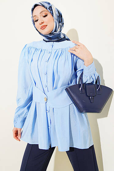 Kendinden Kemer Detaylı Gömlek Mavi - Gömlek