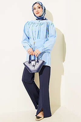 Kendinden Kemer Detaylı Gömlek Mavi - Gömlek