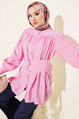 Kendinden Kemer Detaylı Gömlek Pembe - TABLO FASHİON