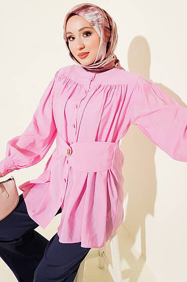 Kendinden Kemer Detaylı Gömlek Pembe - Gömlek