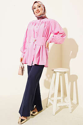 Kendinden Kemer Detaylı Gömlek Pembe - Gömlek