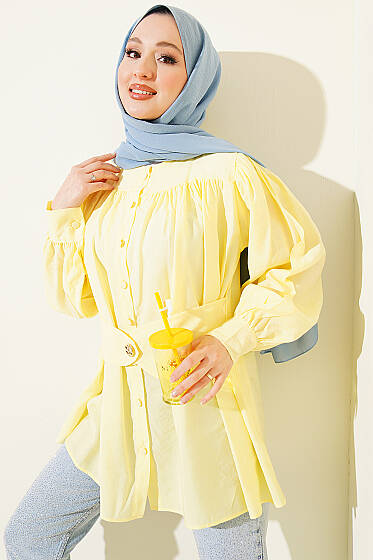 Kendinden Kemer Detaylı Gömlek Sarı - Gömlek