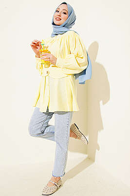 Kendinden Kemer Detaylı Gömlek Sarı - Gömlek