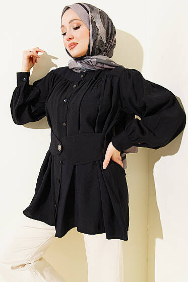 Kendinden Kemer Detaylı Gömlek Siyah - Gömlek