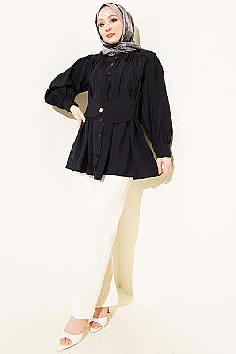 Kendinden Kemer Detaylı Gömlek Siyah - Gömlek