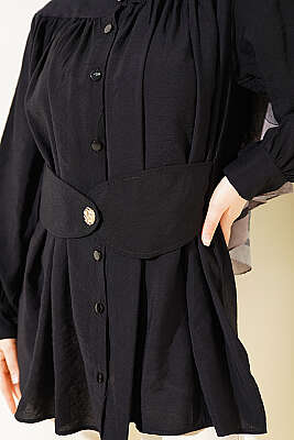 Kendinden Kemer Detaylı Gömlek Siyah - Gömlek