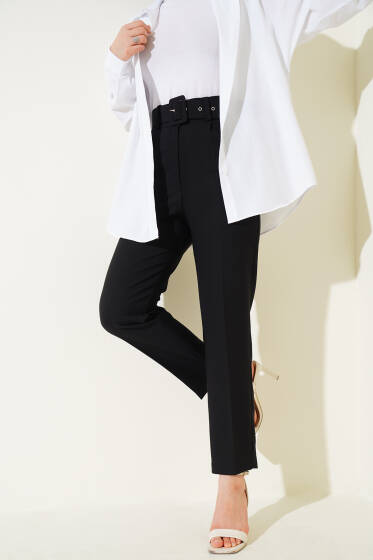 Kendinden Kemerli Dar Paça Pantolon Siyah - Pantolon