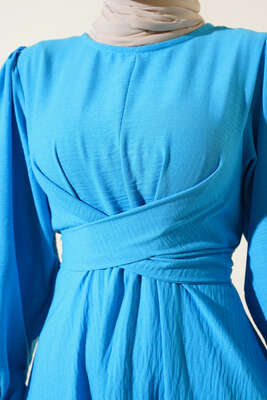 Kendinden Kuşak Bağlamalı Elbise Mavi - Thumbnail