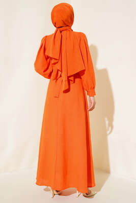 Kendinden Kuşak Bağlamalı Elbise Oranj - Thumbnail