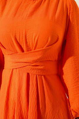 Kendinden Kuşak Bağlamalı Elbise Oranj - Thumbnail