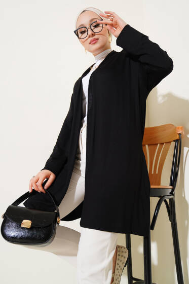 Kendinden Kuşaklı Basic Hırka Siyah - Yılın Fırsatı 